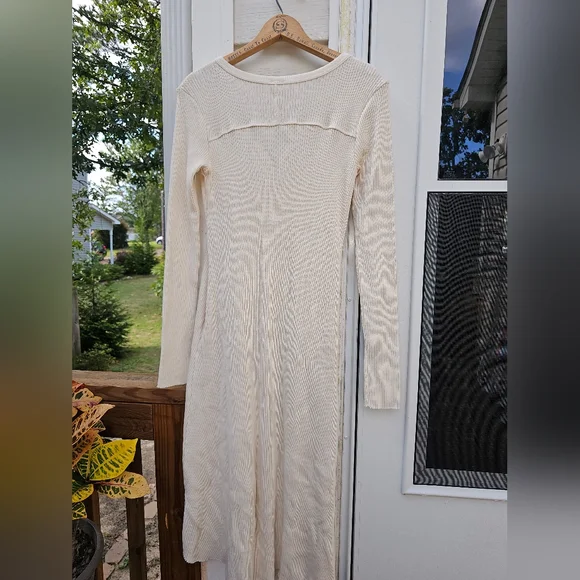 Rib Knit Long Sleeve V Neck Bodycon Midi Dress Beige Size S By Together Anthrop - Picture 2 of 9